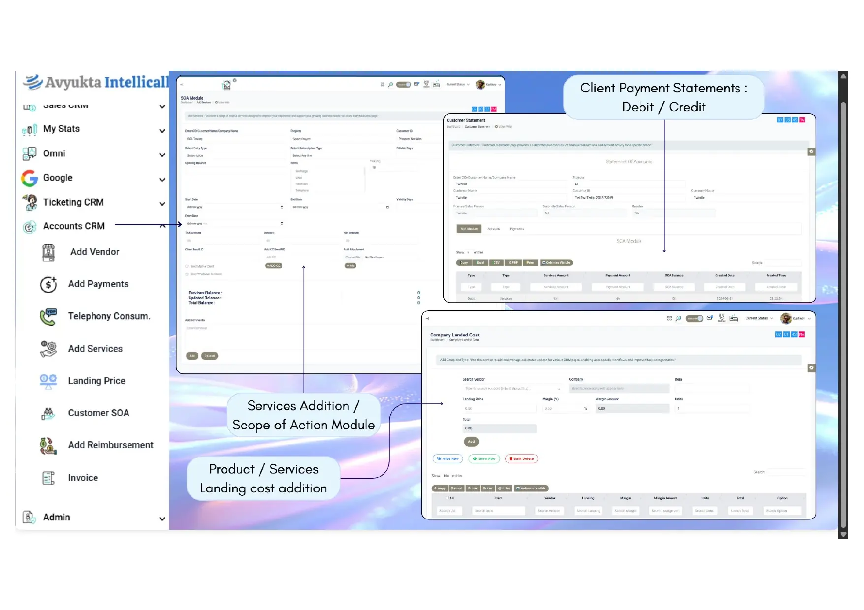 Accounts CRM screens for services, customer statements and landed cost