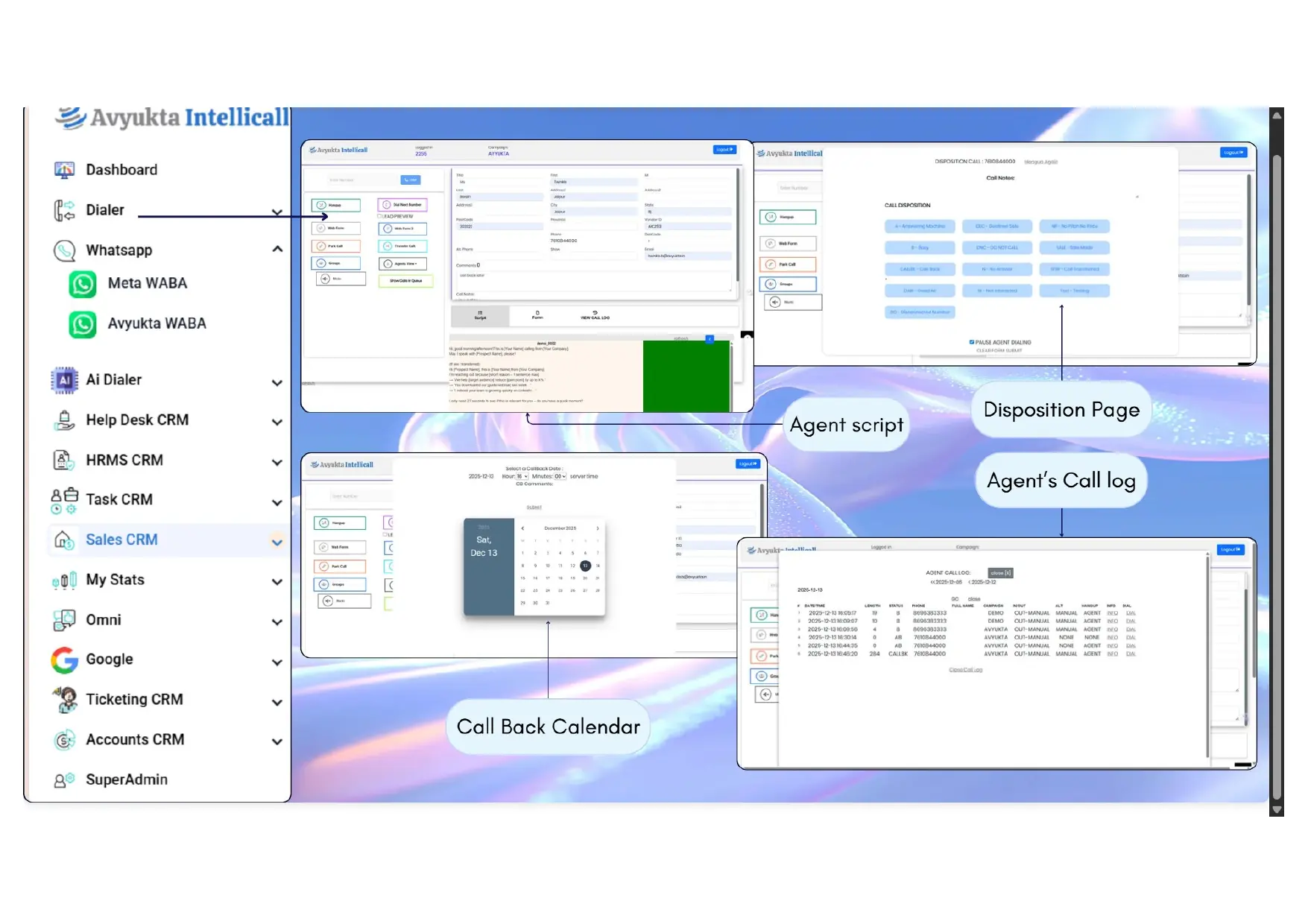 Agent page with embedded dialer, script, disposition, callback calendar and call log
