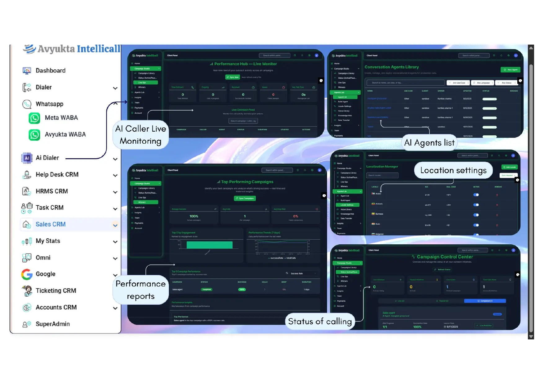 AI caller live monitoring, AI agents list, location settings and campaign performance screens