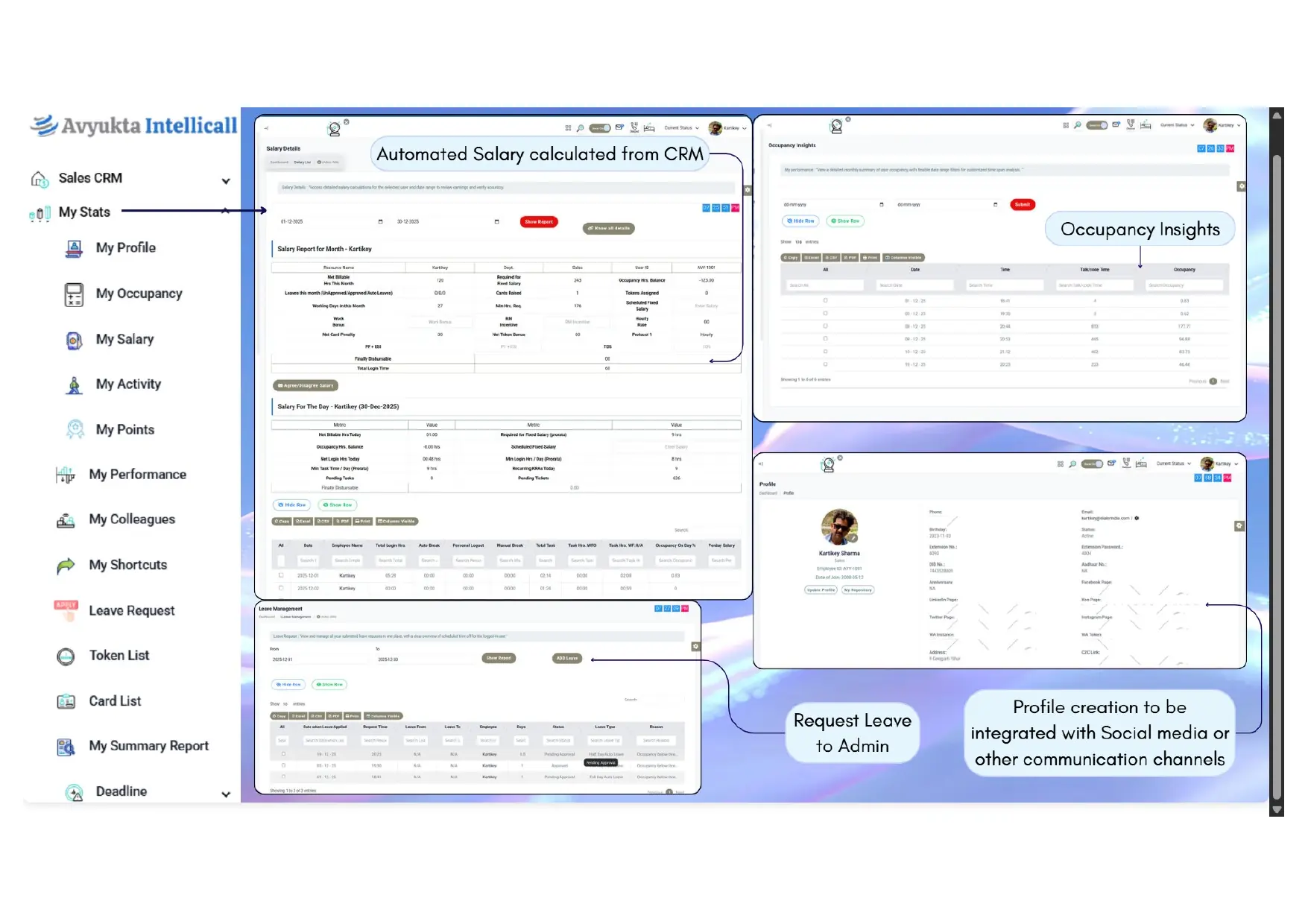 My Stats screens for salary, occupancy, profile and leave requests