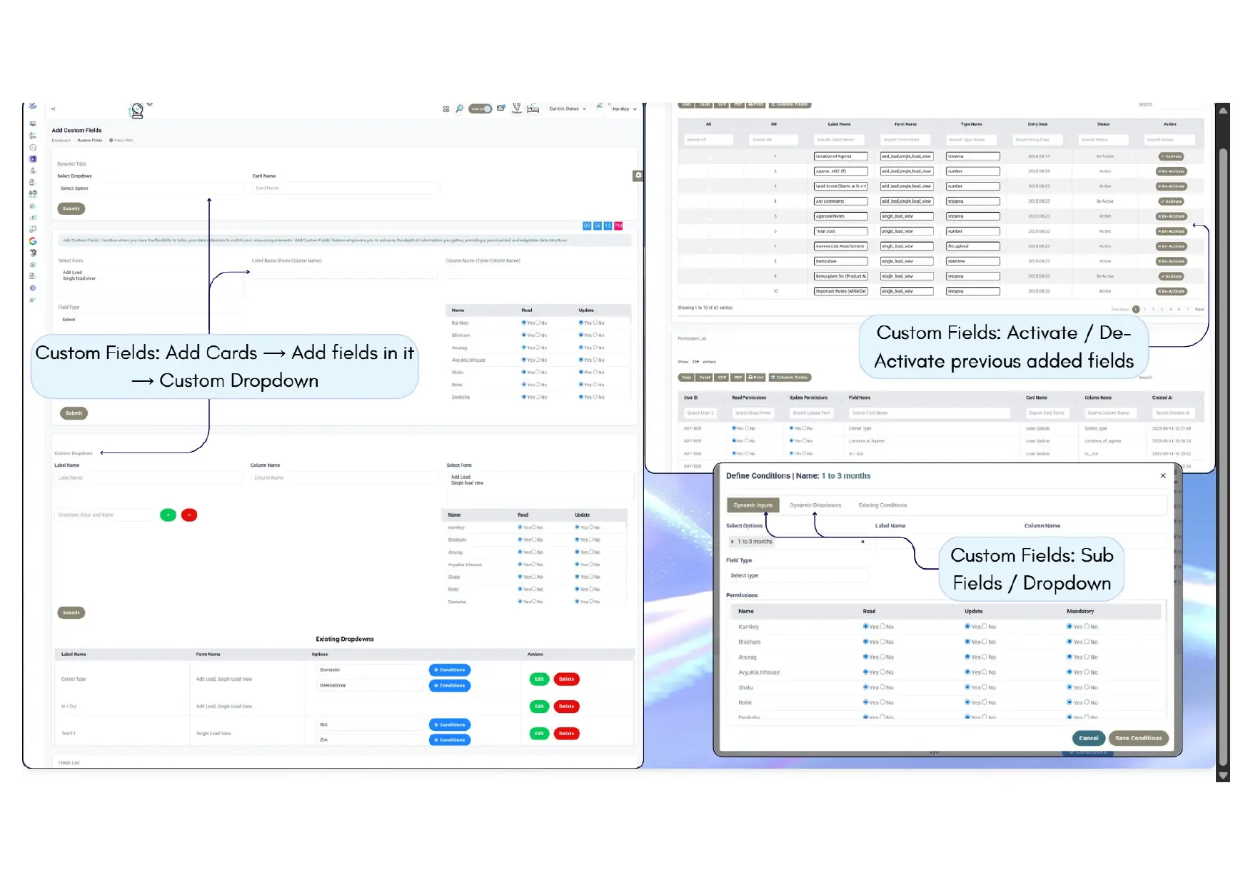 Custom field screens for cards, dropdowns, permissions, activation and conditional sub-fields