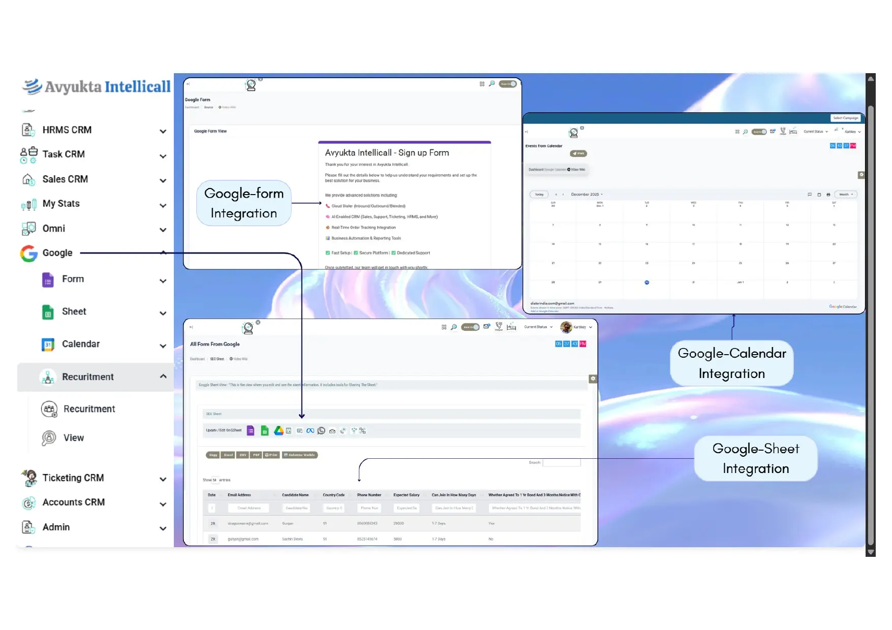 Google Form, Google Sheet and Google Calendar integrations inside Avyukta URM