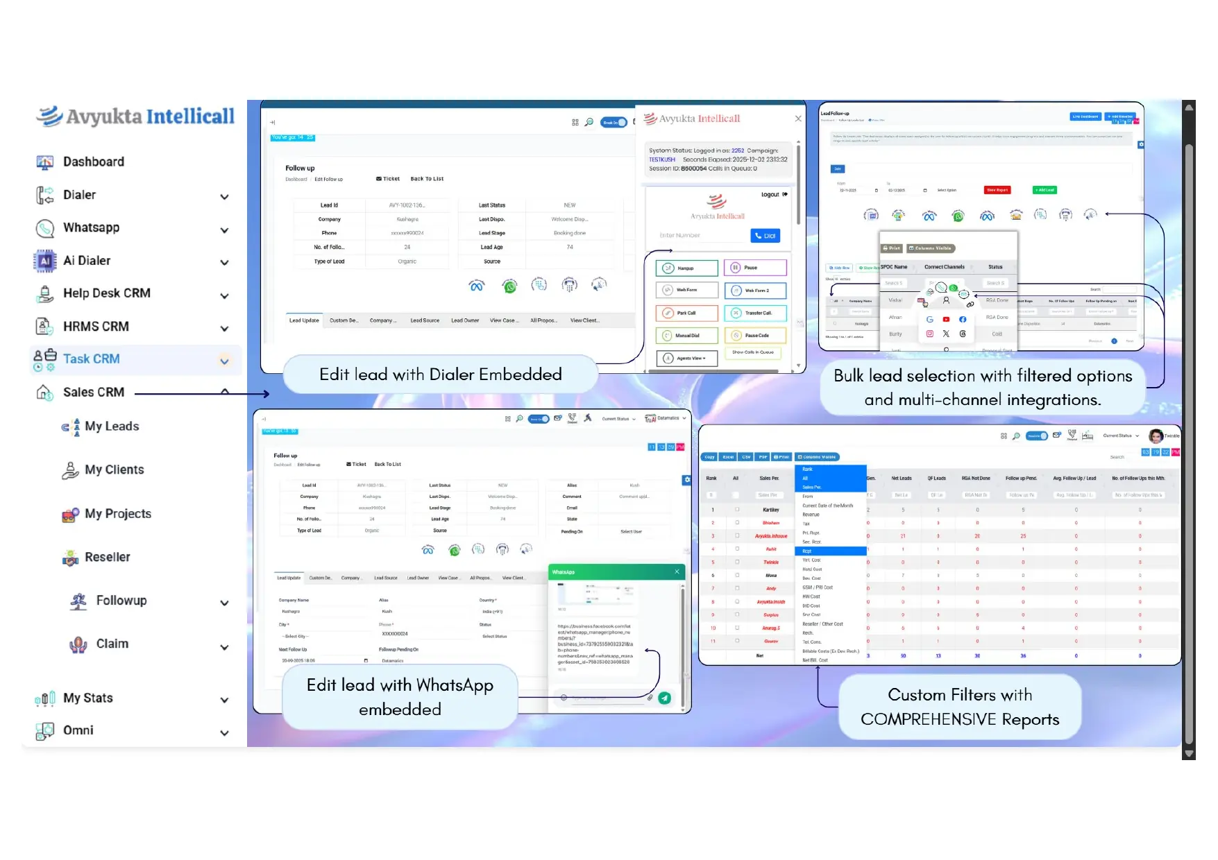 Sales CRM lead pages with embedded dialer, WhatsApp, bulk selection and reports