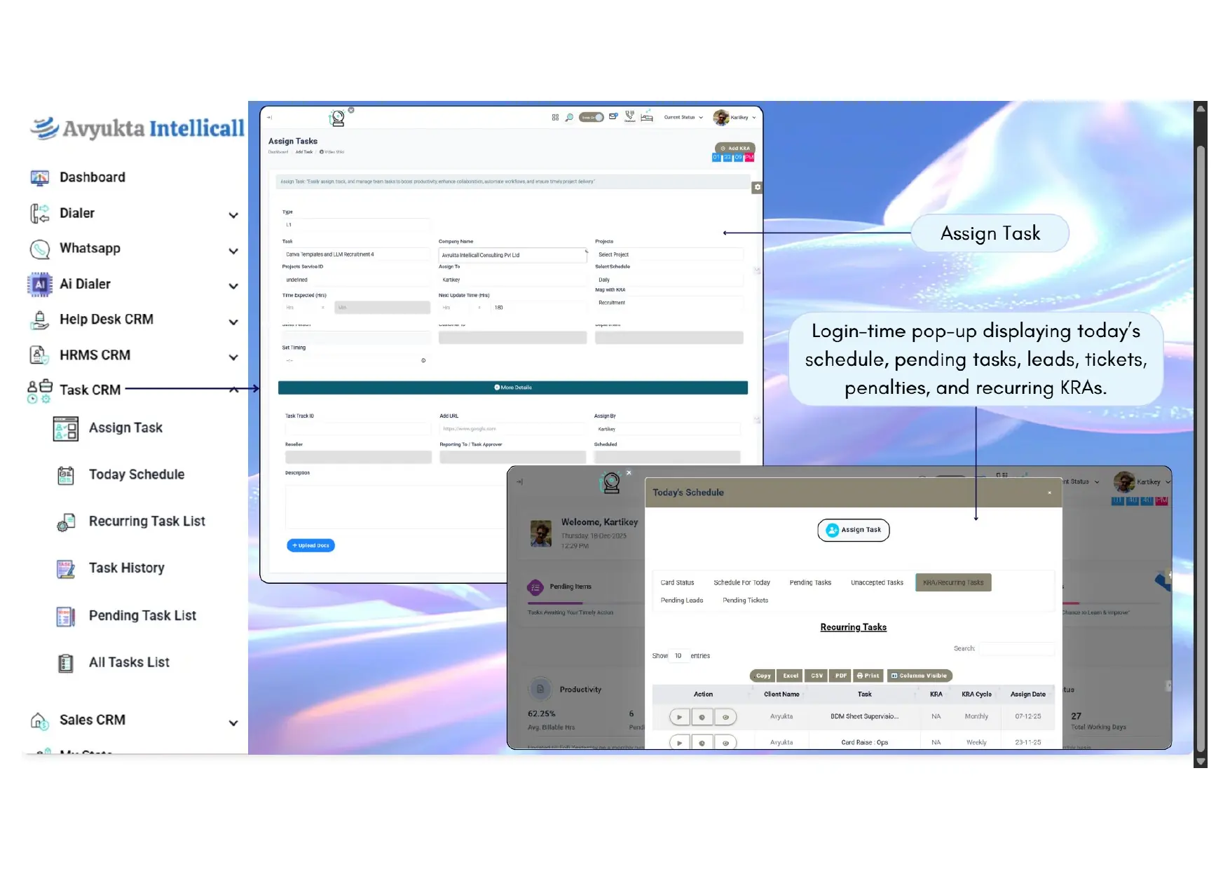 Task assignment form and today schedule popup showing recurring tasks