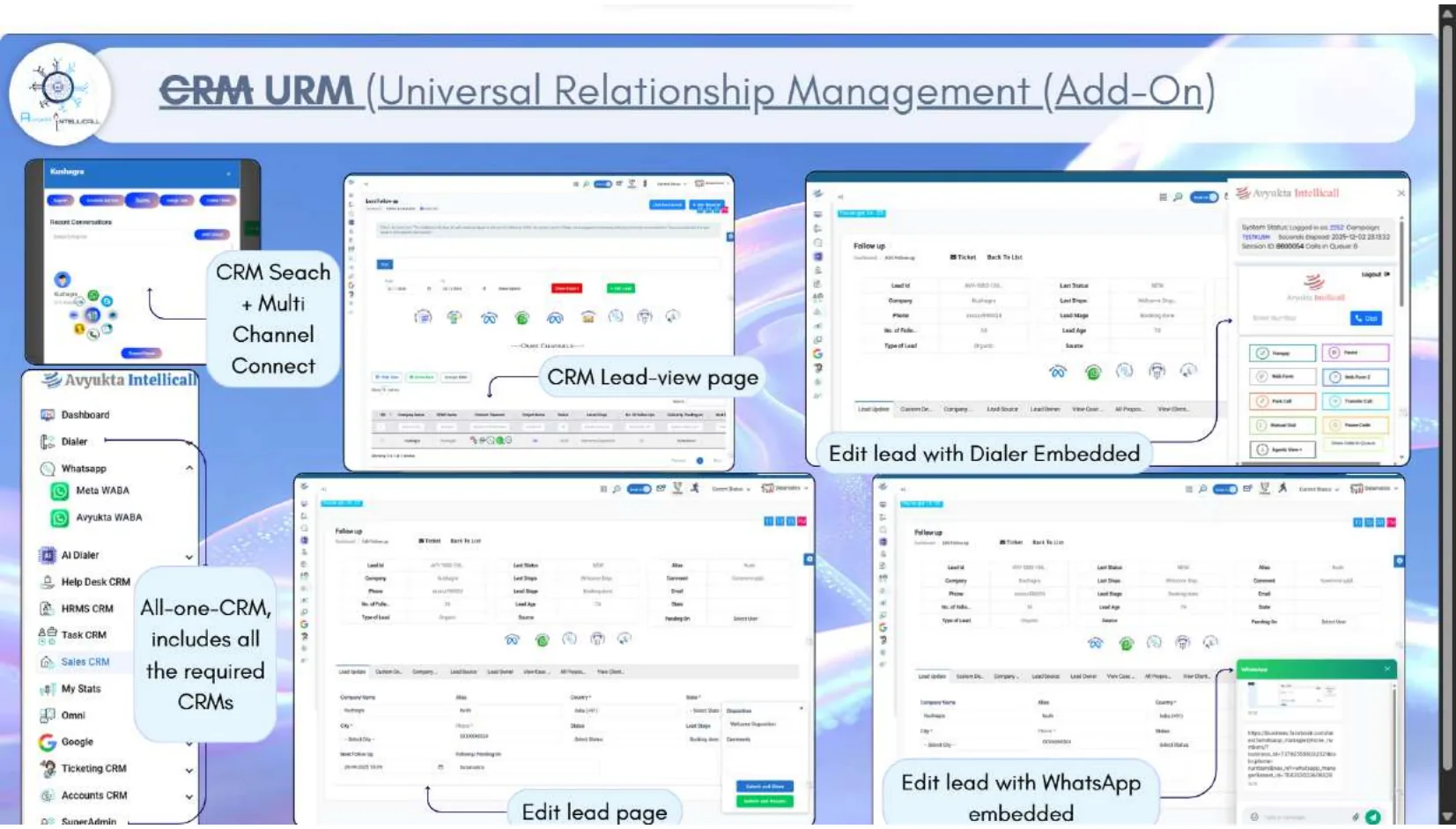 URM module overview showing integrated CRM modules dialer and WhatsApp lead editing